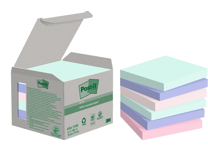3M Post-it Recycled mix colors 76 x 76 mm, 100 ark - 6 pack