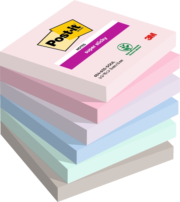 3M Post-it notes super sticky Soulful 76 x 76 mm, - 90 ark - 6 pack