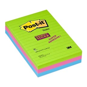 3M Post-it notes super sticky  102 x 152 mm, linjeret ass. neon - 3 pack