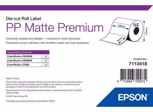 Epson PP Matte Label Premium, Die-cut Roll, 102 x 76mm, 1570 Labels