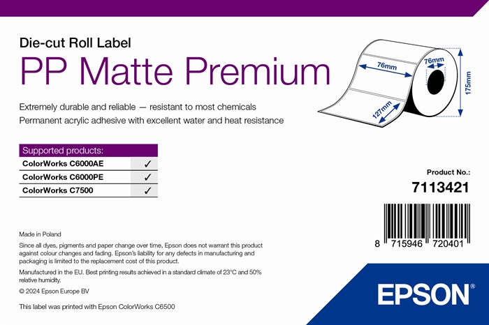 Epson PP Matte Label Premium, Die-cut Roll, 76 x 127 mm, 960 Labels