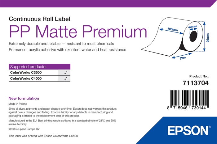 Epson  PP Matte Label Premium, Continuous Roll, 105mm x 29m