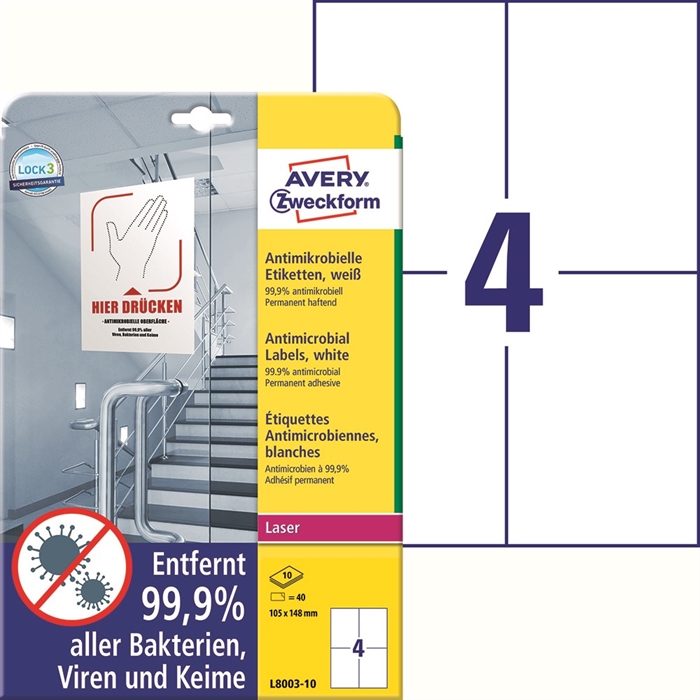 Avery Antimikrobielle etiketter 105 x 148 hvide mm, 40 stk. 