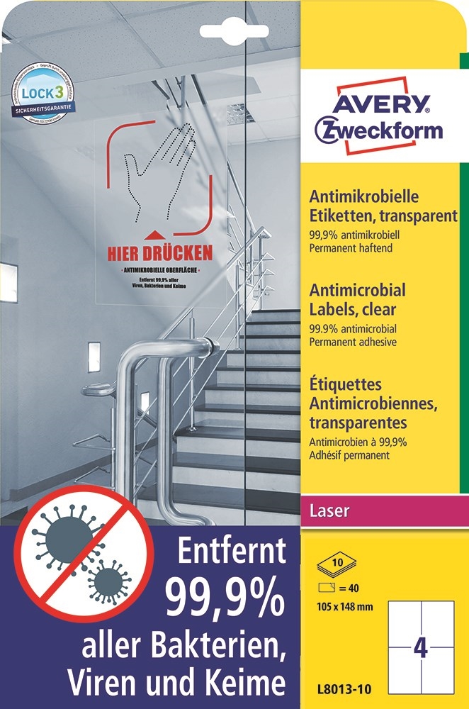 Avery Antimikrobielle etiketter 105 x 148 transparent mm, 40 stk. 