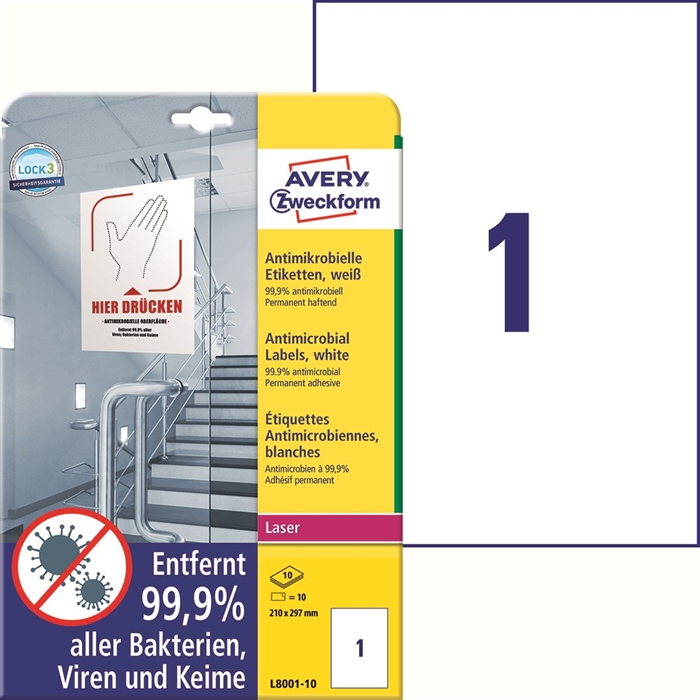 Avery Antimikrobielle etiketter 210 x 297 hvide mm, 10 stk. 
