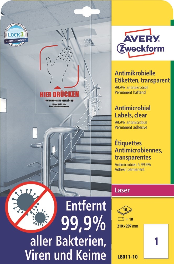 Avery Antimikrobielle etiketter 210 x 297 transparent mm, 10 stk. 