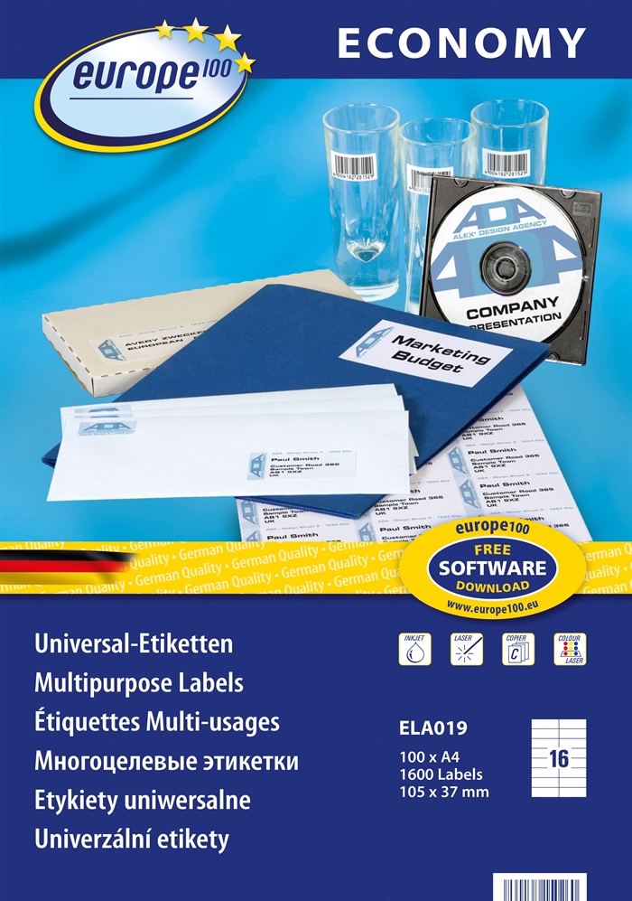 Avery Europe 100 universal etiket 105 x 37,1 mm, 1600 stk. 
