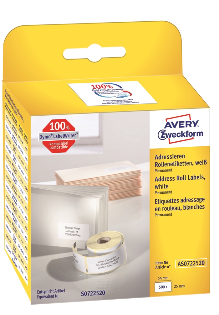 Avery adresseetiket på rulle 54 x 25 mm, 500 stk. 