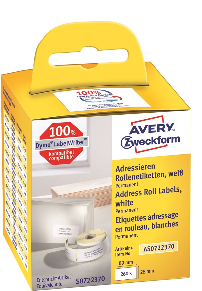 Avery adresseetiket på rulle 89 x 28 mm, 2 x 130 stk. 