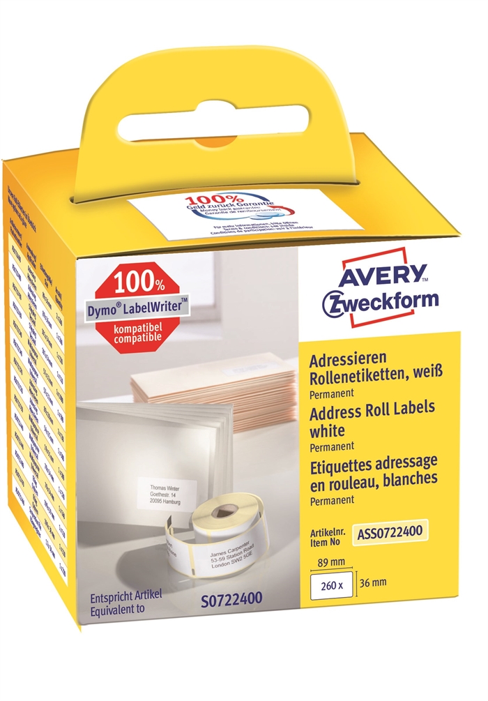 Avery adresseetiket på rulle 89 x 36 mm, 260 stk. 