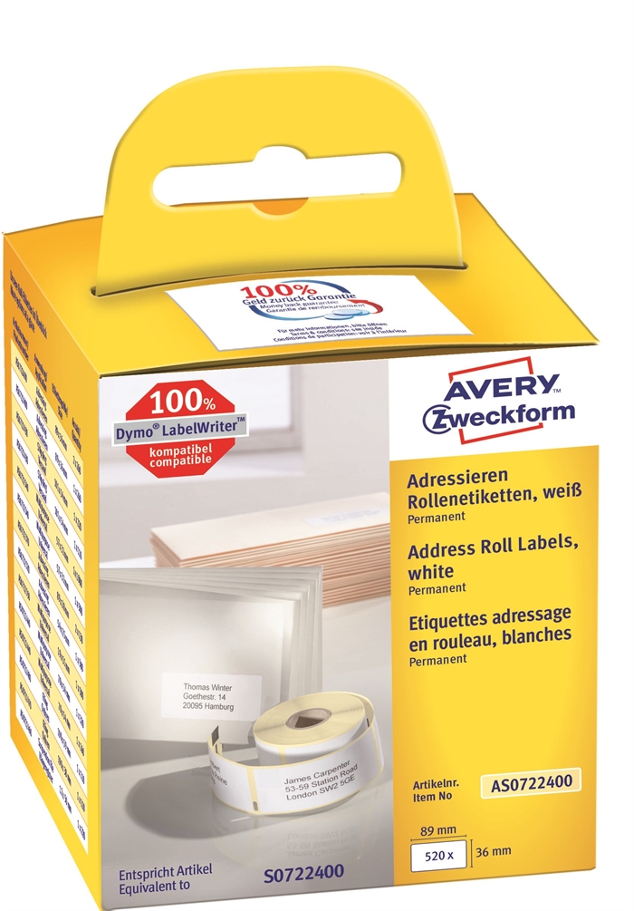 Avery adresseetiket på rulle 89 x 36 mm, 2 x 260 stk. 