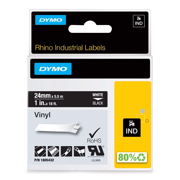 Tape Rhino 24mm x 5,5m colour vinyl hvid på sort