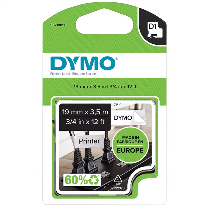 Tape D1 19mm x 2,5m perm nylon black/white
