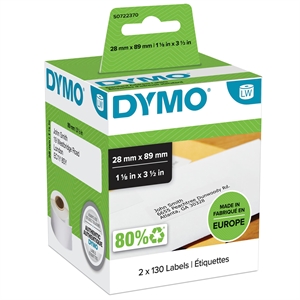 Dymo Label Addressing 28 x 89 perm white, 130 labels on both 2 roll stk. 