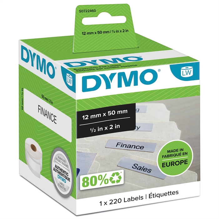 Dymo Etiket til hængemapper 12 x 50 permanent hvid mm, 220 stk. 
